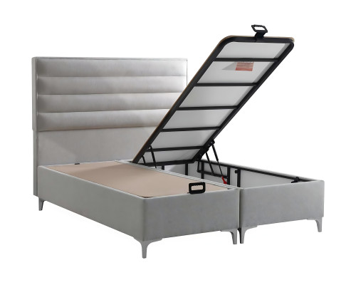 Letto in tessuto grigio moderno con materasso dal design elegante