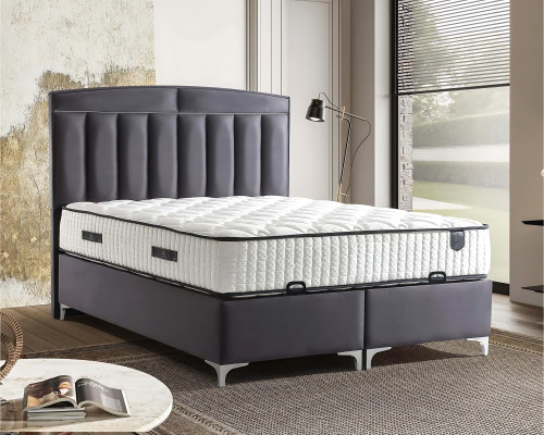 Letto grigio moderno con materasso in tessuto e legno