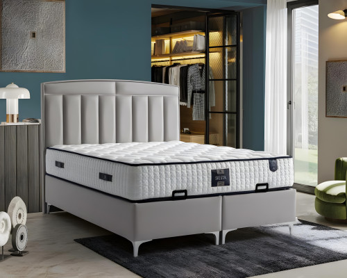 Letto grigio moderno con materasso in tessuto e legno
