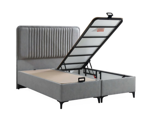 Elegante letto grigio con materasso in tessuto e legno