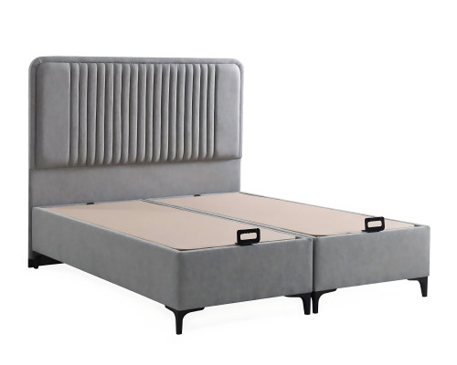 Elegante letto grigio con materasso in tessuto e legno