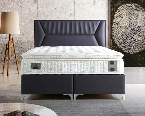 Elegante letto grigio con materasso in tessuto e legno