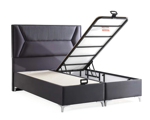 Elegante letto grigio con materasso in tessuto e legno