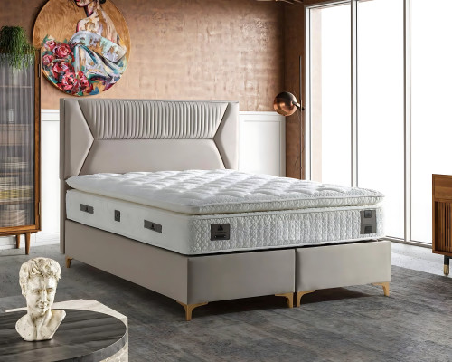 Letto elegante beige con materasso in tessuto e legno