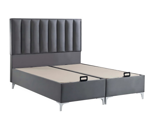 Elegante letto grigio con materasso in tessuto e legno
