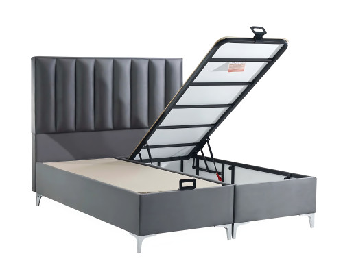 Elegante letto grigio con materasso in tessuto e legno