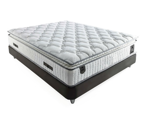 Elegante letto grigio con materasso in tessuto e legno