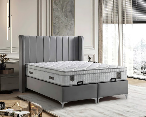 Elegante letto grigio con materasso in tessuto e legno