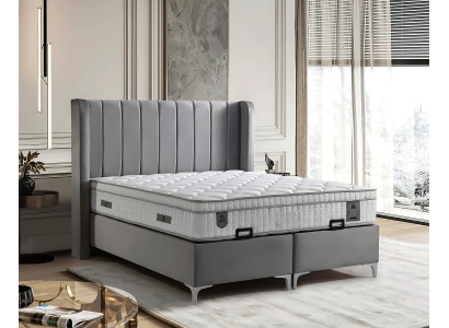 Elegante letto grigio con materasso in tessuto e legno