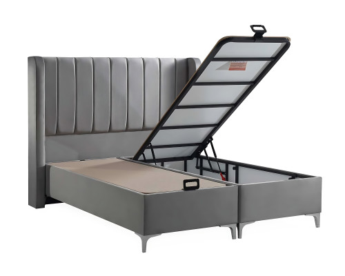 Elegante letto grigio con materasso in tessuto e legno