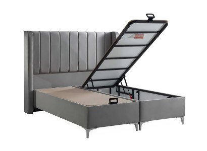 Elegante letto grigio con materasso in tessuto e legno