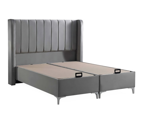Elegante letto grigio con materasso in tessuto e legno