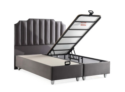 Elegante letto grigio con materasso in tessuto e legno