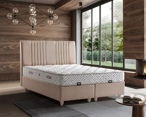 Letto elegante con materasso in beige in tessuto e legno
