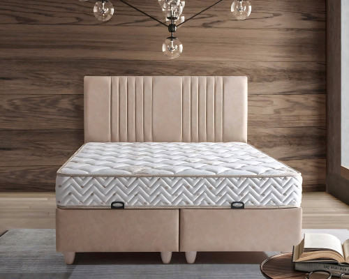 Letto elegante con materasso in beige in tessuto e legno