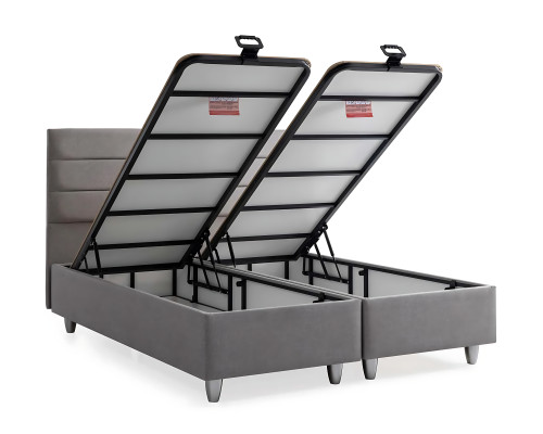 Elegante letto grigio con materasso in tessuto e legno