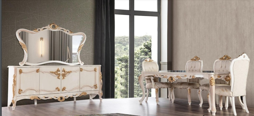 Set di biancheria 7 pezzi per sala da pranzo Tavolo Sedie Credenza Specchio Sedie da pranzo Tavoli