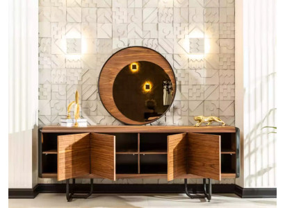 Mobile portaoggetti di lusso con specchio, console in legno, gruppo di cassetti, comodini, consolle.