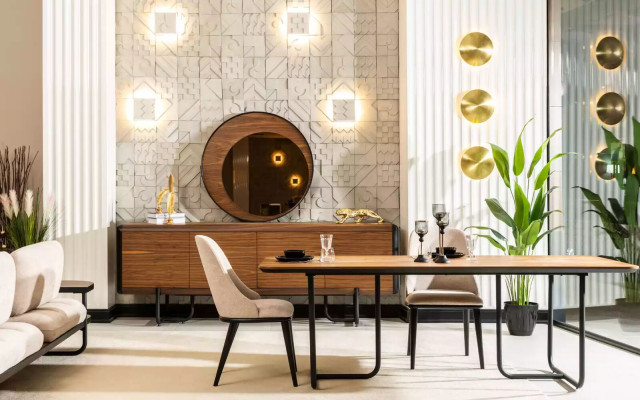 Mobile portaoggetti di lusso con specchio, console in legno, gruppo di cassetti, comodini, consolle.