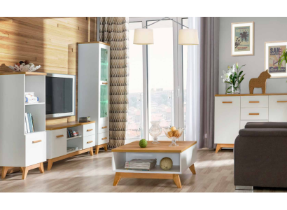 Sistema per il soggiorno con vetrina, mobile TV, mensole a parete, tavolo TV - 5 pezzi.