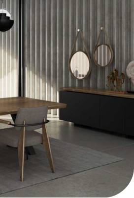 Set di mobili da sala da pranzo tavolo sedie focolare noce naturale - Antracite opaco  Set di mobili da sala da pranzo con tavolo, sedie e focolare in noce naturale - Antracite opaco