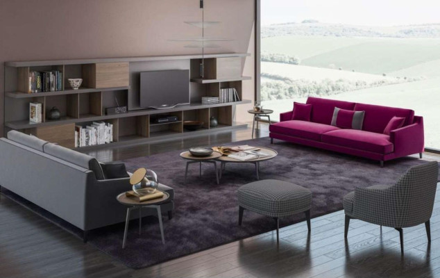 Grande set di divani grigi in soggiorno di lusso a 3+2+1 posti con pouf, 4 pezzi nuovi