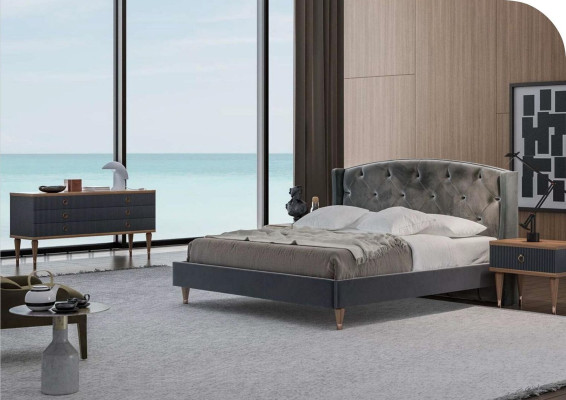 Grigio set di lusso per camera da letto con letto matrimoniale, 2 comodini e cassettiera.