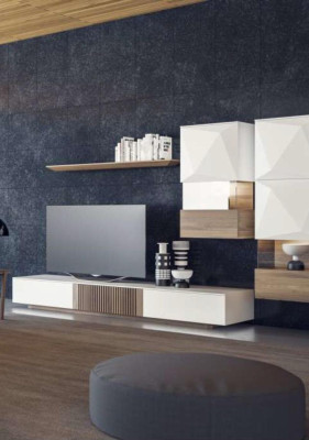 Lusso Noce naturale Moderno mobile TV bianco a parete con mensola a giorno.