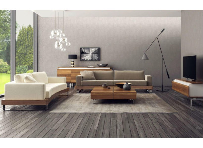 Sofà moderno a tre posti con struttura in legno per soggiorno.