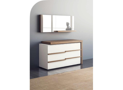 Comò di lusso bianco con specchio, design moderno in noce naturale nuovo.