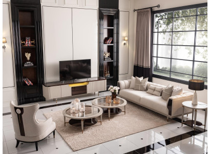 Gruppo soggiorno: divano tre posti, poltrona, divano in tessuto 6 pezzi, beige, tavolini da caffè.