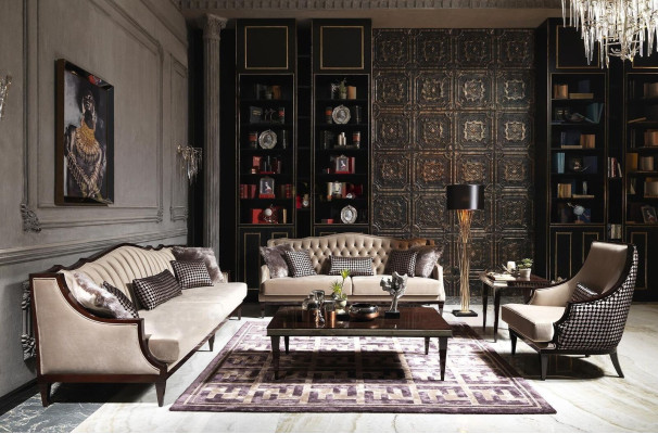 Divano quattro posti, divano tre posti, poltrona grigia, tavolini da salotto, divano in tessuto.