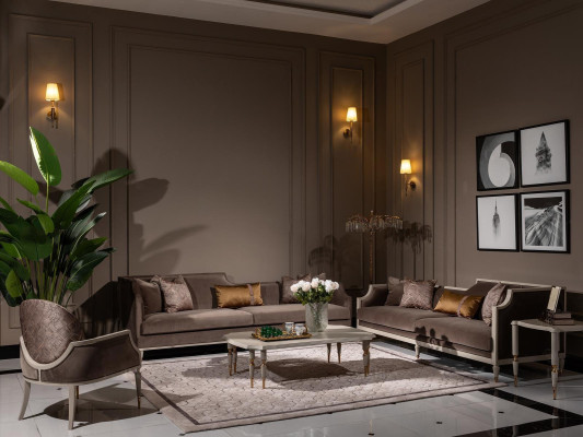 Divano 4 posti con tavolino da salotto in tessuto marrone 4 pezzi