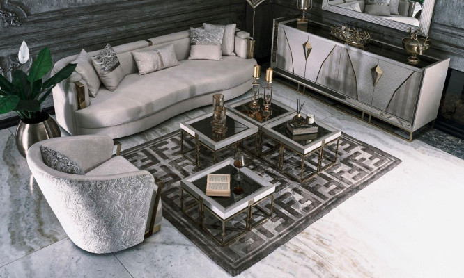 Gruppo soggiorno divani divano in tessuto poltrona tavolini da caffè set 6 pezzi grigio