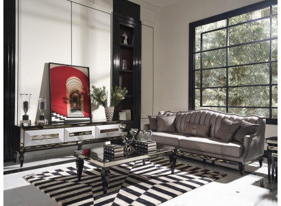 Divano a 4 posti in tessuto grigio, tavolino da caffè, mobile TV in 3 pezzi.