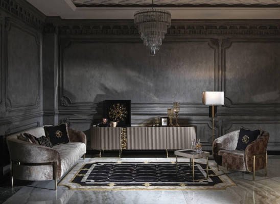 Divano a tre posti, poltrona, divano in tessuto beige, tavolino per TV, set da 4 pezzi