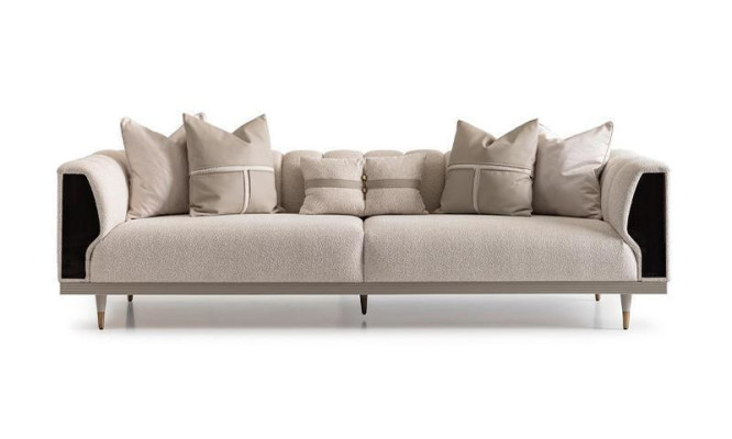 Divano a tre posti, tavolini da caffè a tre posti in tessuto beige - Set di 3 pezzi.