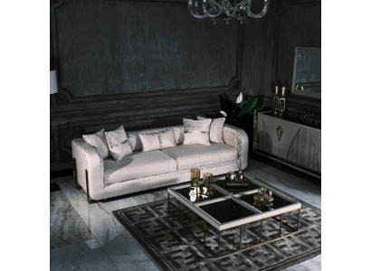 Sofà a tre posti 3 tavolino da salotto grigio divano imbottito in tessuto set 2 pezzi