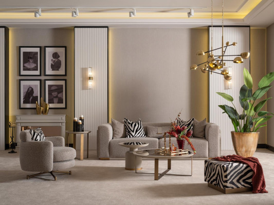 Divano a 4 posti, poltrona, divano in tessuto, divano imbottito grigio, set 3 pezzi