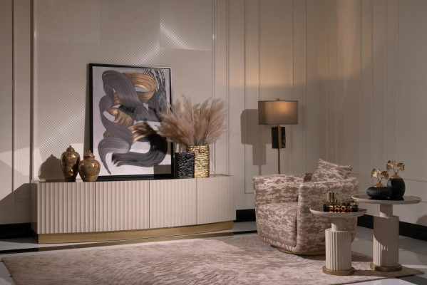 Soggiorno Completo Set 4 pezzi Poltrone, Credenza, Tavolini Beige