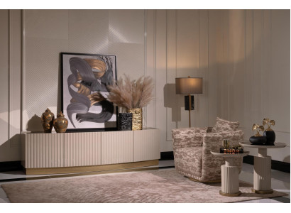 Soggiorno Completo Set 4 pezzi Poltrone, Credenza, Tavolini Beige