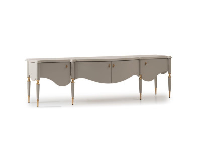 Mobile porta TV basso beige in legno per salotto.
