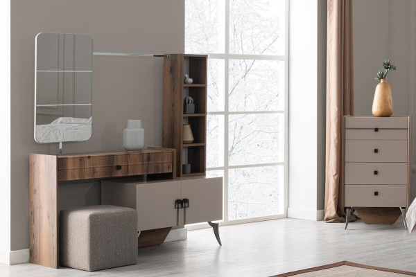 Set da camera grigio con letto matrimoniale 2 comodini in legno toeletta
