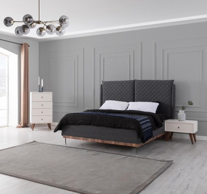 Grigio-bianco set da camera da letto con letto comodini e cassettiera a 4 cassetti.