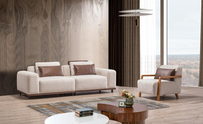 Soggiorno beige Set divano esclusivo Poltrona tessile a 2 posti Arredamento imbottito  "Salotto beige Set divano esclusivo Poltrona tessile a 2 posti Arredamento imbottito"