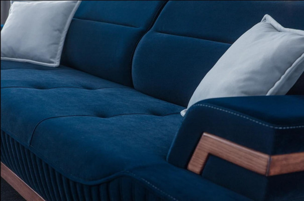 Divano blu scuro, 3 posti in tessuto per il soggiorno, design divano a tre posti.