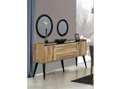 Set di mobili da sala da pranzo design in legno marrone chiaro, credenza in vetro e specchio.