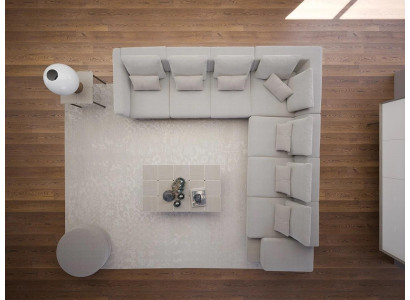 Divano design angolare a L in tessuto per il soggiorno con tavolino.