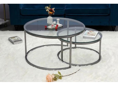 Tavolini da salotto 2 pezzi con piano in vetro, struttura in metallo dorato per il soggiorno.