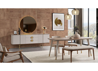 Set da pranzo perfetto con tavolo da pranzo, 4 sedie, mobiletto, specchio e panca, 8 pezzi.   Set da pranzo perfetto con tavolo da pranzo, 4 sedie, mobiletto, specchio e panca, 8 pezzi.